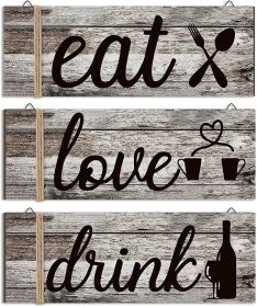 3 Pcs Farmhouse Kitchen Wall Decor Rustic Wooden Home Eat Drink Love Sign with Hanging Hole for Home Dining Living Room Bar Cafe Decor(Classic Color)