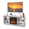Silver Mirror Modern TV Stand with 18 Inch Fireplace Insert & Storage Shelves, Medium Density Fiberboard Fireplace TV Console for Living Room