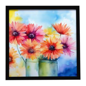 Gerbera Daisies in Watercolor Framed Metal Print Bathroom, Kitchen, Office, Home Decor Wall Art Ready to Hang, Square, 8X8