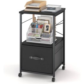 Black Metal Wood Printer Stand Table File Cabinet with Fabric Drawer on Wheels