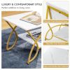 Modern White Faux Marble 2 Tier Coffee Table with Gold Finish Metal Curved Legs