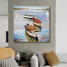 Hand Painted Oil Painting Canoe oil Paintings Nordic Seascape-Hand-Painted- Colorful Boats Oil Painting-Wall Art Handmade- For Home Decoration (style: 01, size: 150x150cm)