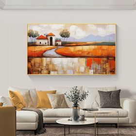Hand Painted Oil Painting Abstract Village Oil Painting on Canvas Large Wall Art Original Minimalist Orange Landscape Art Custom Painting Boho Living (style: 01, size: 75x150cm)